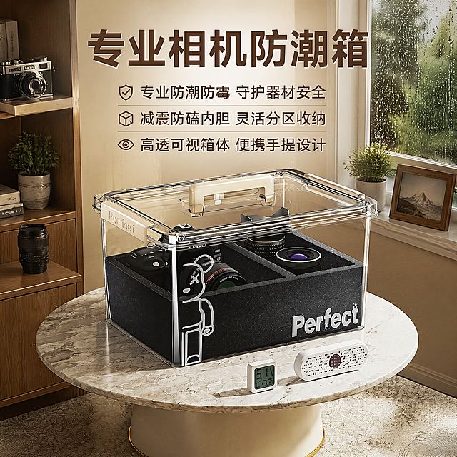 基于原图修改：保留相机防潮箱产品本体，完整保留所有可见组件、轮廓、结构、比例、材质、颜色与产品本体上的文字信息（logo/型号/规格等），其余百分之百不变。去掉原图中所有文字，更换为非纯色背景，背景要与相机防潮箱主题符合，重点突出产品，添加以下文字不要遮盖产品：顶部添加【专业相机防潮箱】，下方依次添加【专业防潮防霉 守护器材安全】【减震防磕内胆 灵活分区收纳】【高透可视箱体 便携手提设计】，整体画面和谐协调，严格锁定宽高比为1:1