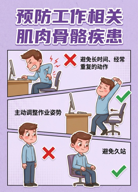 参考这个风格把“预防工作相关
肌肉骨骼疾患
◎避免长时间、经常
   重复的动作
◎主动调整作业姿势
◎避免久站”主色调用浅紫色预览效果