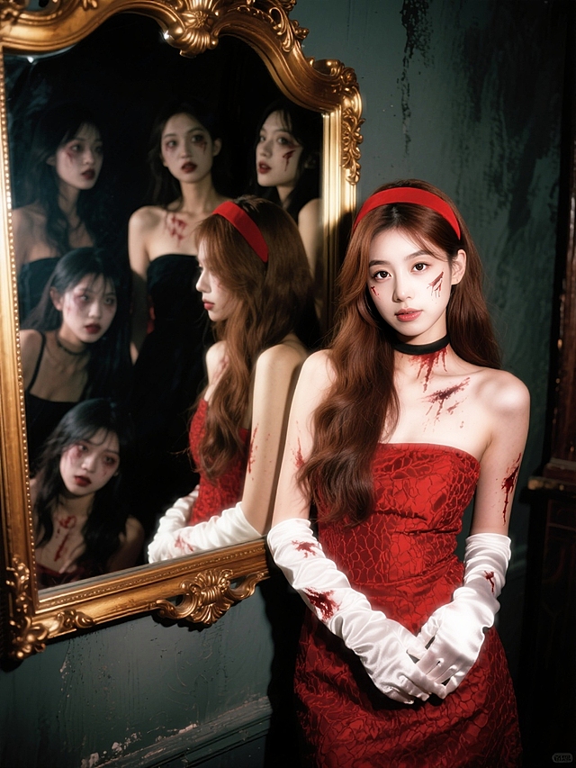 暗调的室内墙面，怪诞少女（穿红色纹理抹胸连衣裙，戴红色发箍，白色绸缎手套，脸上有仿真血迹）靠在巨大的欧式镜子上，镜子里是几个不同表情的她。正脸看镜头。