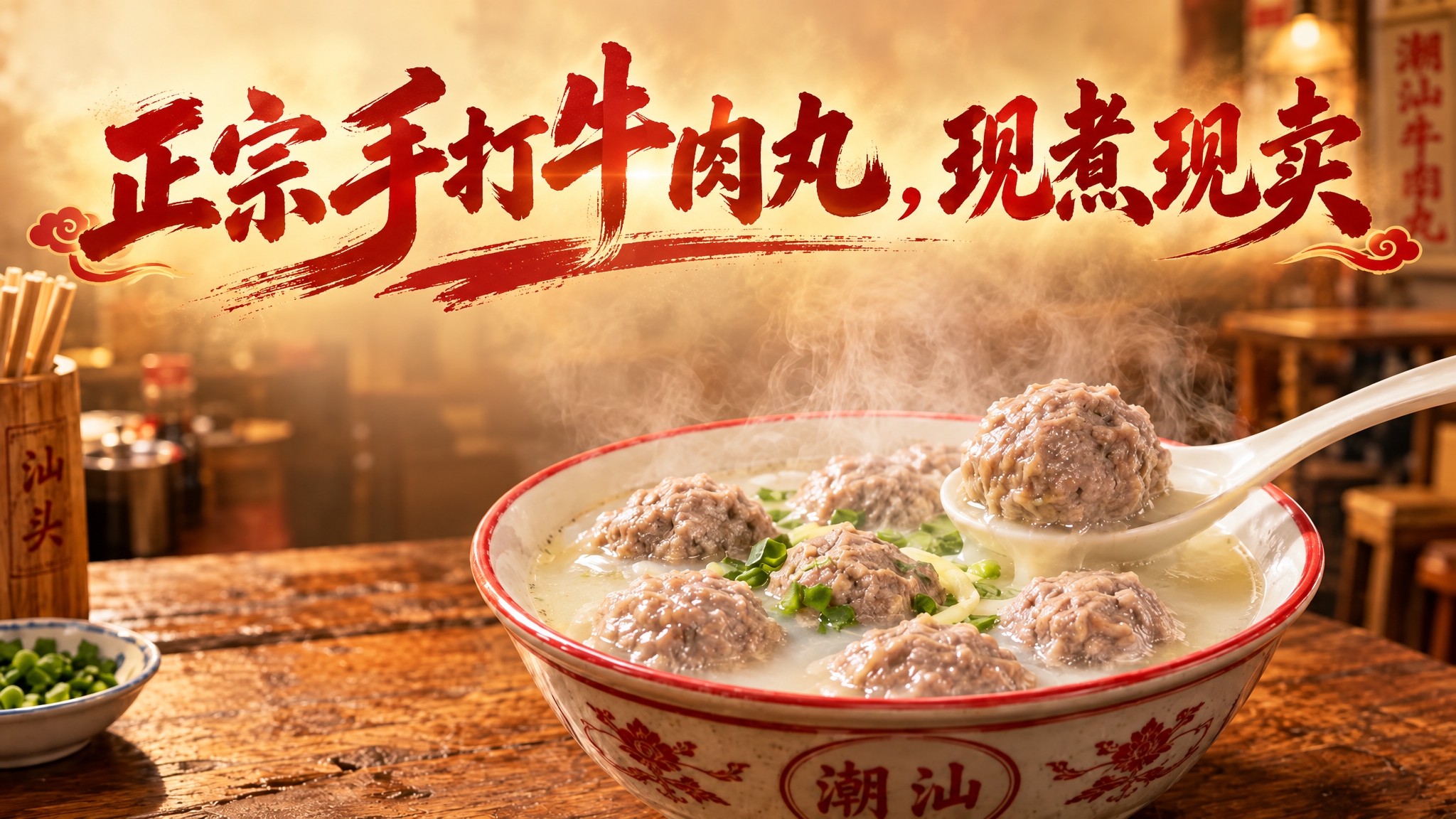 在图片上方添加标题文字："正宗手打牛肉丸，现煮现卖"，文字风格… - 图片创意预览