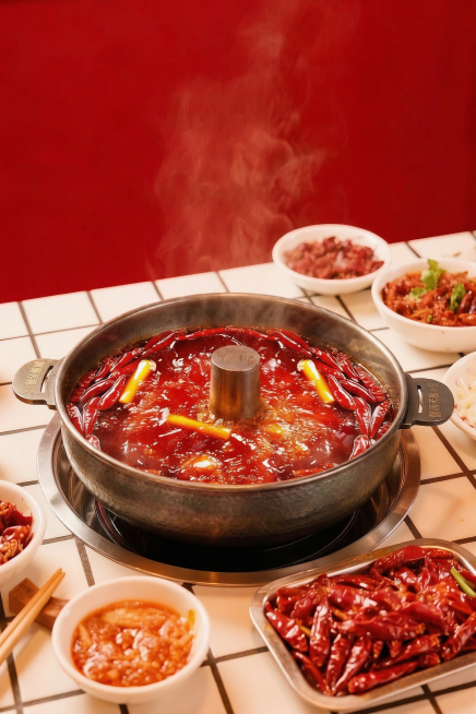 将第一张图中的火锅替换成第二张图中的锅，保留原图片红汤锅底、辣椒、热气、红墙、格子桌面和周围配菜的布局和风格，保持整体画面一致预览效果