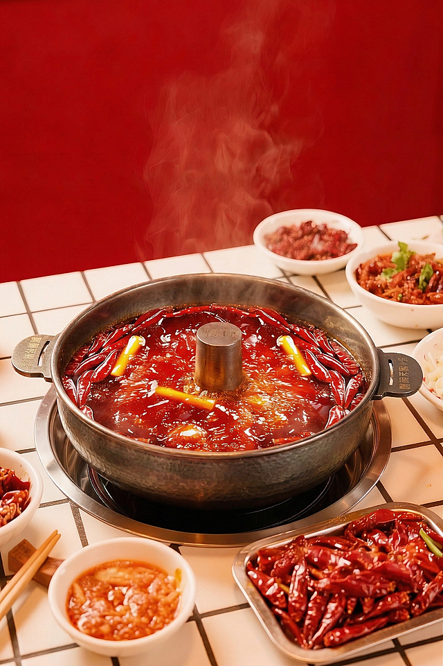 将第一张图中的火锅替换成第二张图中的锅，保留原图片红汤锅底、辣椒、热气、红墙、格子桌面和周围配菜的布局和风格，保持整体画面一致