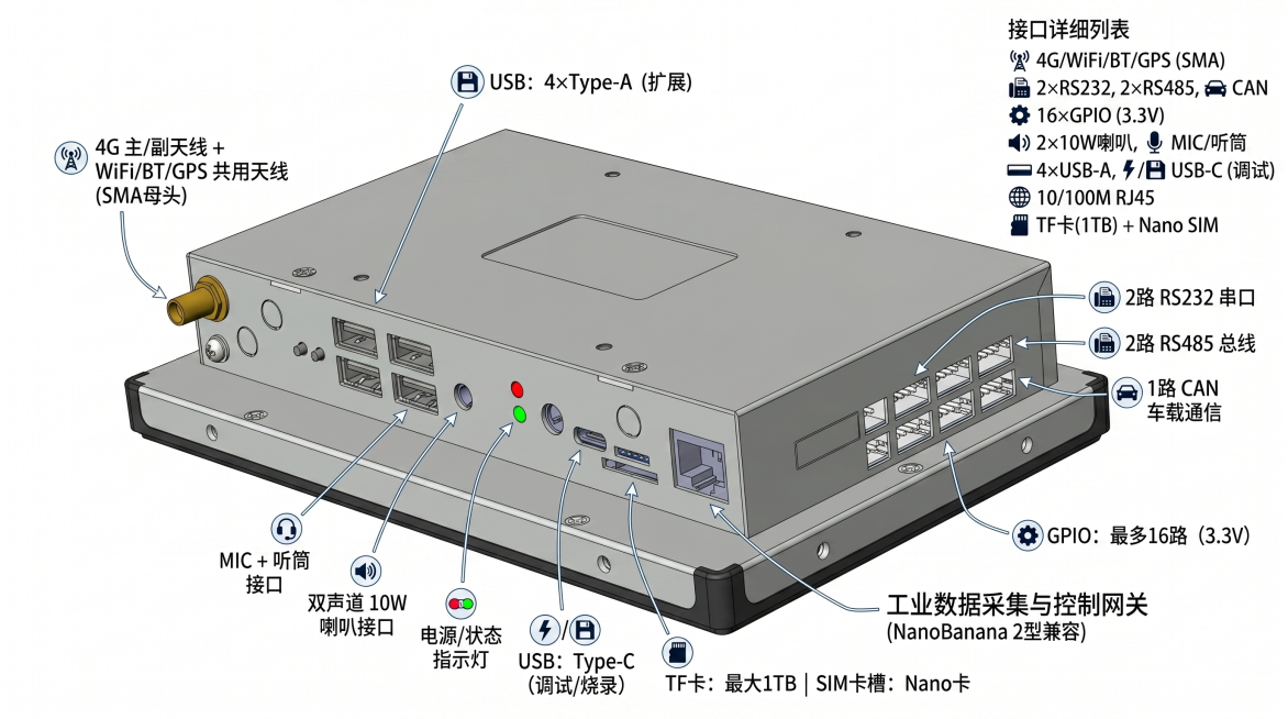 保留原工业设备图像，在画面中额外添加图标+文字列表标注丰富所有工业接口：2路 RS232 串口、2路 RS485 总线、1路 CAN 车载通信、最多16路 GPIO（3.3V）、双声道10W喇叭 接口预览效果