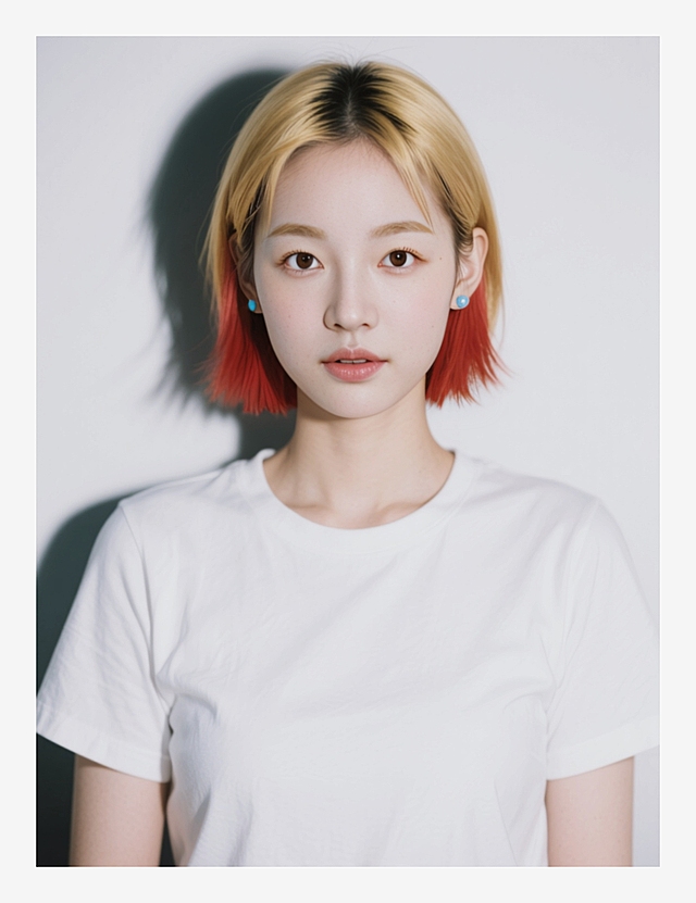 一个女生，狼尾短发，上半部分金色+下半部分嫣红色；金色眉毛；戴浅蓝色耳钉，穿白色T恤
