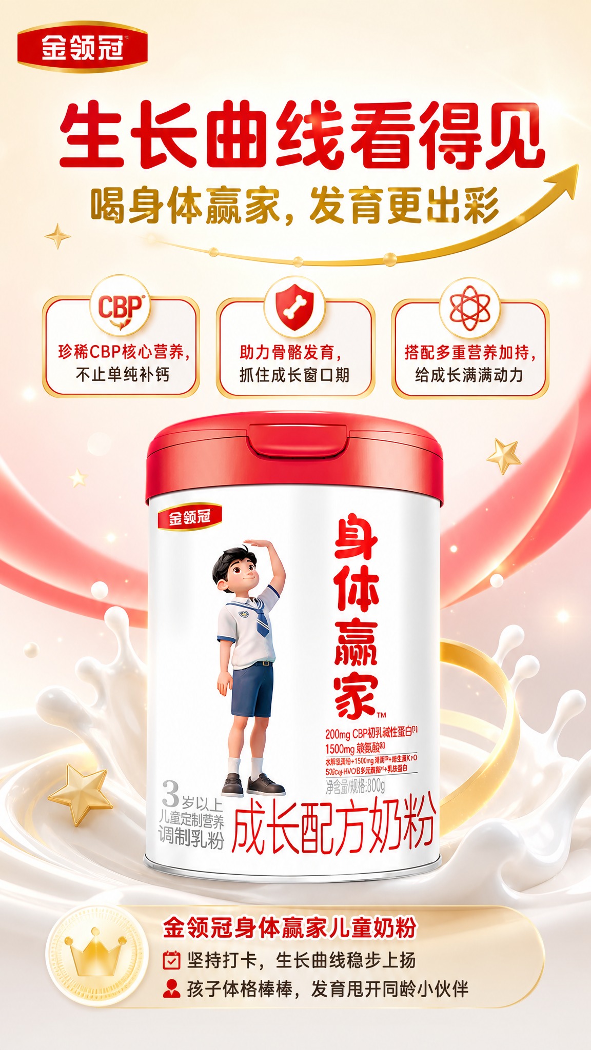基于上传的金领冠身体赢家儿童奶粉罐图片，重新设计一张9:16竖… - 图片创意预览