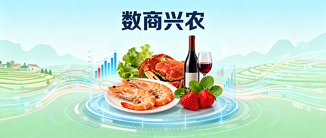 连云港特色农产品微信公众号封面，主题是"数商兴农"，展示新鲜海鲜、草莓、葡萄酒等连云港特产，结合电商大数据元素，风格现代清新，突出乡村振兴主题，画面构图适合公众号封面