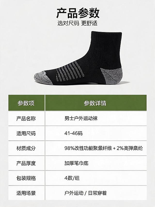 [第9屏] 尺码参数页-男士户外运动袜规格参数说明。本屏使用【图6】黑色款袜子作为产品展示。
[氛围/风格] 简洁信息风，清晰易读，专业规范，商业摄影质感。
[元素布局] 画面上半部分放置一只黑色运动袜侧视图，占比约35%；下半部分为尺码参数表格区；背景为浅灰白色渐变，干净简洁；袜子外观、纹理、颜色与输入图一致。
[光影质感] 均匀柔光照明，产品清晰明亮，底部有轻微投影，整体干净通透，突出信息可读性。
[配色色系] 全局底色 #FAFAFA 近白色；主色黑色袜子+深灰文字；辅助色军绿色表头、浅灰表格分隔线。
[视角构图] 上产品下参数的上下构图，平视角度，阅读动线从上至下。
[文字版式] 版式为上方产品图 + 下方参数表格。顶部主标题「产品参数」，副标题「选对尺码 更舒适」；下方表格形式列出参数：「产品名称：男士户外运动袜」「适用尺码：41-46码」「材质成分：98%改性功能聚酯纤维 + 2%高弹氨纶」「产品厚度：加厚毛巾底」「包装规格：4双/组」「适用场景：户外运动/日常穿着」；表格表头军绿色底白字，内容区白底深灰字，清晰易读。
[比例分辨率] 3:4 竖版比例，2K分辨率，文字清晰可辨，高清画质。
[负向提示词] 袜子变形，颜色偏差，水印，表格文字模糊，参数错误，背景杂乱