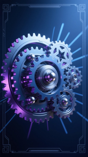 高精度3D渲染的机械齿轮装置艺术海报，采用深蓝与银色为主色调，搭配暗紫色点缀，呈现出神秘而科技感十足的氛围。中心为复杂精密的齿轮系统，改变了原有的复古齿轮造型，设计成更具未来感的多面体齿轮与流线型齿片组合，部分齿轮边缘带有锐利的几何切面和镂空星芒图案。齿轮组以多层同心圆结构精密咬合，中心齿轮为哑光银色，外围齿轮呈现深蓝金属质感并带有细微的紫色反光，齿轮轴点为高亮银色金属球。背景为深邃的暗蓝色，……预览效果
