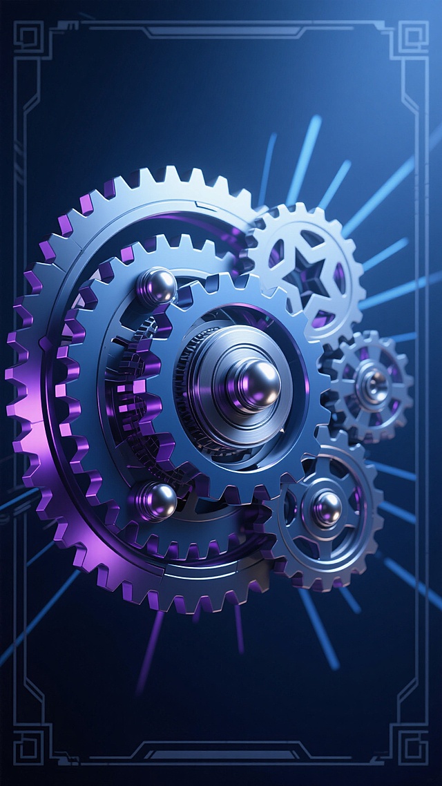 高精度3D渲染的机械齿轮装置艺术海报，采用深蓝与银色为主色调，搭配暗紫色点缀，呈现出神秘而科技感十足的氛围。中心为复杂精密的齿轮系统，改变了原有的复古齿轮造型，设计成更具未来感的多面体齿轮与流线型齿片组合，部分齿轮边缘带有锐利的几何切面和镂空星芒图案。齿轮组以多层同心圆结构精密咬合，中心齿轮为哑光银色，外围齿轮呈现深蓝金属质感并带有细微的紫色反光，齿轮轴点为高亮银色金属球。背景为深邃的暗蓝色，边缘装饰有简化的几何纹样边框，内部隐约可见放射状的淡蓝色光晕，增强空间层次感。整体光影采用侧上方的冷色调光源，齿轮表面形成清晰的明暗对比，金属质感强烈，阴影深邃，细节丰富，营造出既精密又充满未来工业美学的视觉效果。