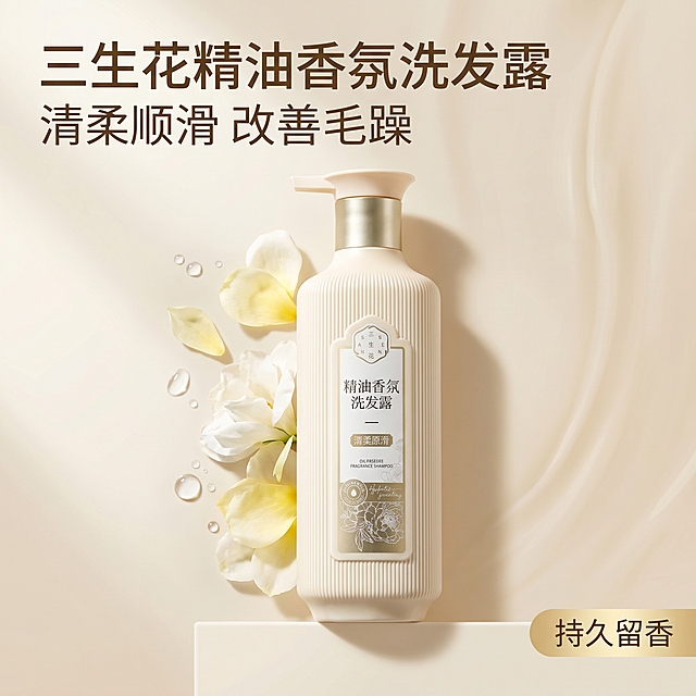 [主图 1] 三生花精油香氛洗发露品牌调性首图。
[氛围风格] 简约高级纯净氛围感，天然植萃香氛感。
[画质] 商业摄影质感，光线柔和通透，产品清晰真实，画面干净高级。
[元素] 三生花精油香氛洗发露居中摆放，瓶身一侧搭配新鲜花瓣和晶莹水滴做点缀，浅米白渐变流体背景，极简静物台摆放。保持洗发露产品外观（物理结构、材质质感、颜色）与输入产品图绝对一致，杜绝任何变形和色差，精细化处理。商品主体占比严格控制在65%左右，画面满屏无边框。
[光影] 自然柔光从左侧照射，形成柔和明暗过渡，瓶身突出透光感，背景干净通透，高光不溢出，暗部有层次。
[配色] 主色调为柔和米白色，搭配浅金和花瓣自然花色，整体清新高级。
[视角构图] 平视中心构图，景深适中，产品轮廓完整不裁切。
[文字版式] 左上负空间左对齐留安全边距，主标题“三生花 精油香氛洗发露”米棕色最大号粗体无衬线，副标题“清柔顺滑 改善毛躁”约半高同色系。右下核心卖点“持久留香”浅金底深棕字小标签。
[比例分辨率] 1:1 比例，2k 分辨率，文字清晰锐利，画面超高清。
[负向提示词] 变形，水印，文字错乱，产品图模糊，背景杂乱，暗沉，牛皮癣，配色刺眼，遮挡主体。