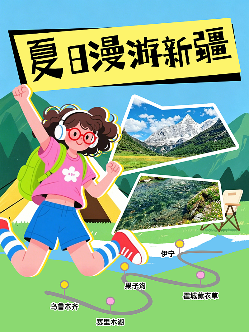 暑假七月新疆出行攻略旅行卡通小红书封面