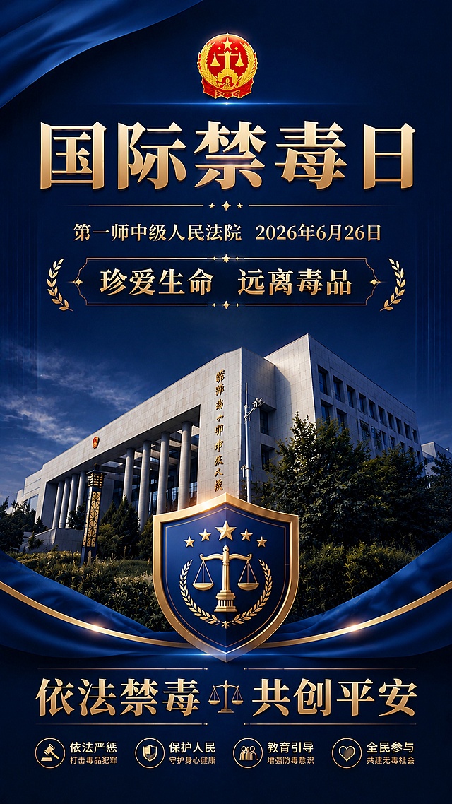 复刻参考图版式骨架，深蓝配金色正式庄重法治风格竖版海报，保留原排版分区：顶栏法徽，大主标题，副标题，主题标语，法院建筑背景，盾牌正义装饰，底部卖点。将最上方主标题改为"国际禁毒日"，副标题文字"第一师中级人民法院 2026年6月26日"，标语文字"珍爱生命 远离毒品"，底部卖点文字"依法禁毒 共创平安"，加入法徽和正义盾牌装饰，背景展示第一师中级人民法院建筑，整体庄重大气，版式精美，信息层级清晰，配色深蓝底金色文字，符合政法禁毒宣传气质，宽高比9:16，4K分辨率。