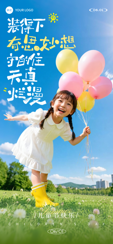 61儿童节实景拍摄小女孩手持气球欢笑祝福通用全屏竖版海报预览效果