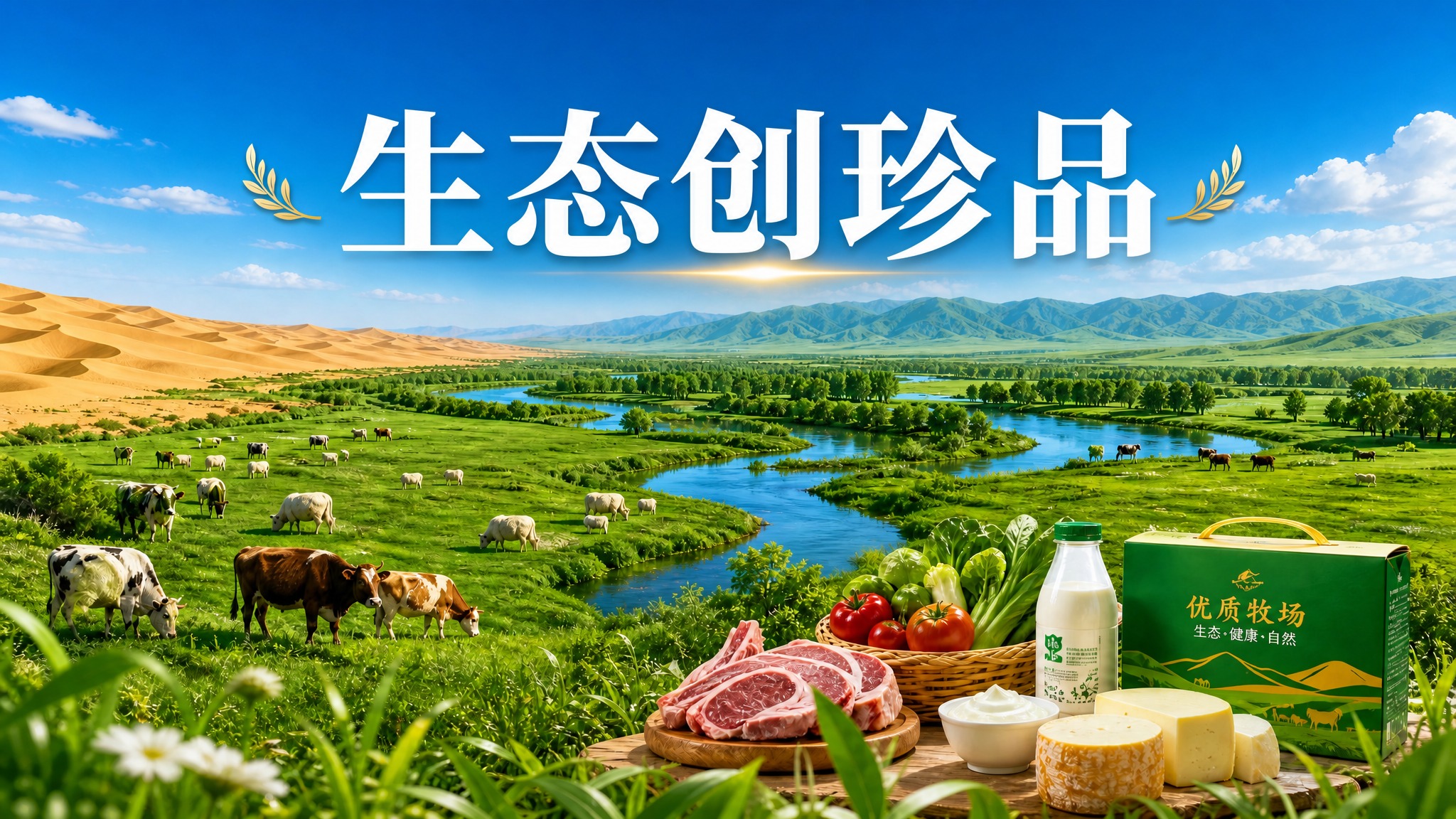 参考图整体构图和场景不变：绿色生态草原、蜿蜒河流、茂密树林、牛… - 图片创意预览