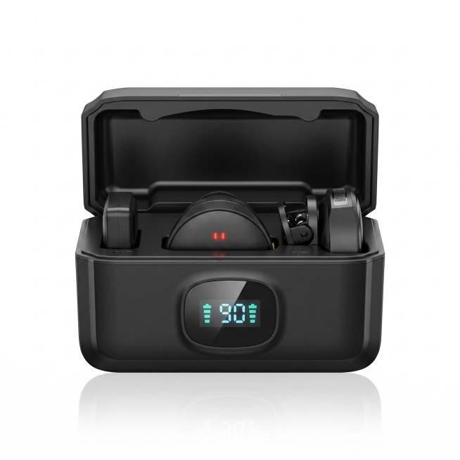 [Main Image 1] Black wireless lavalier microphone with charging case product main image. [Atmosphere预览效果