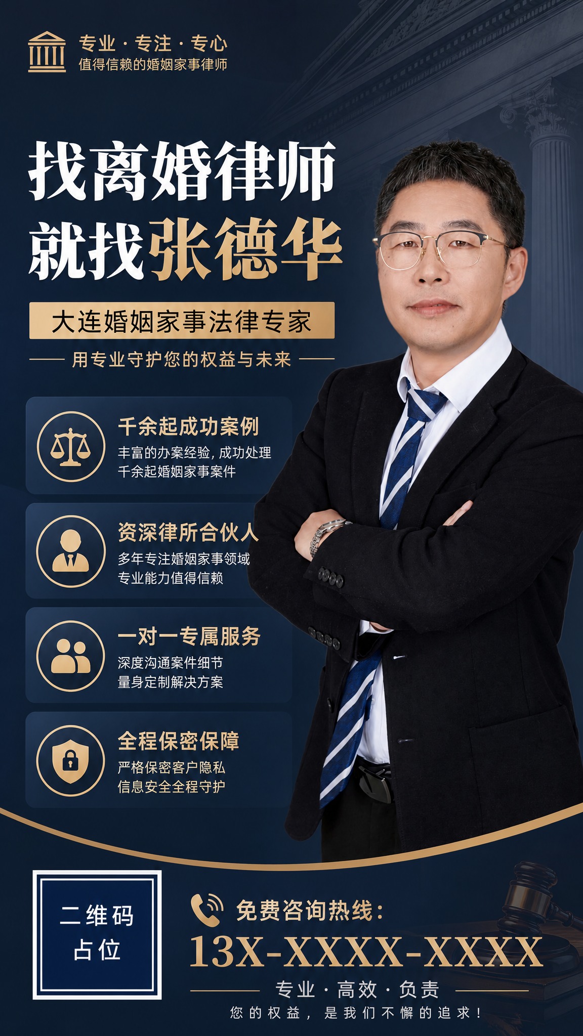 图生图，基于参考图中的律师人物肖像，设计一张信任背书型的离婚律… - 图片创意预览