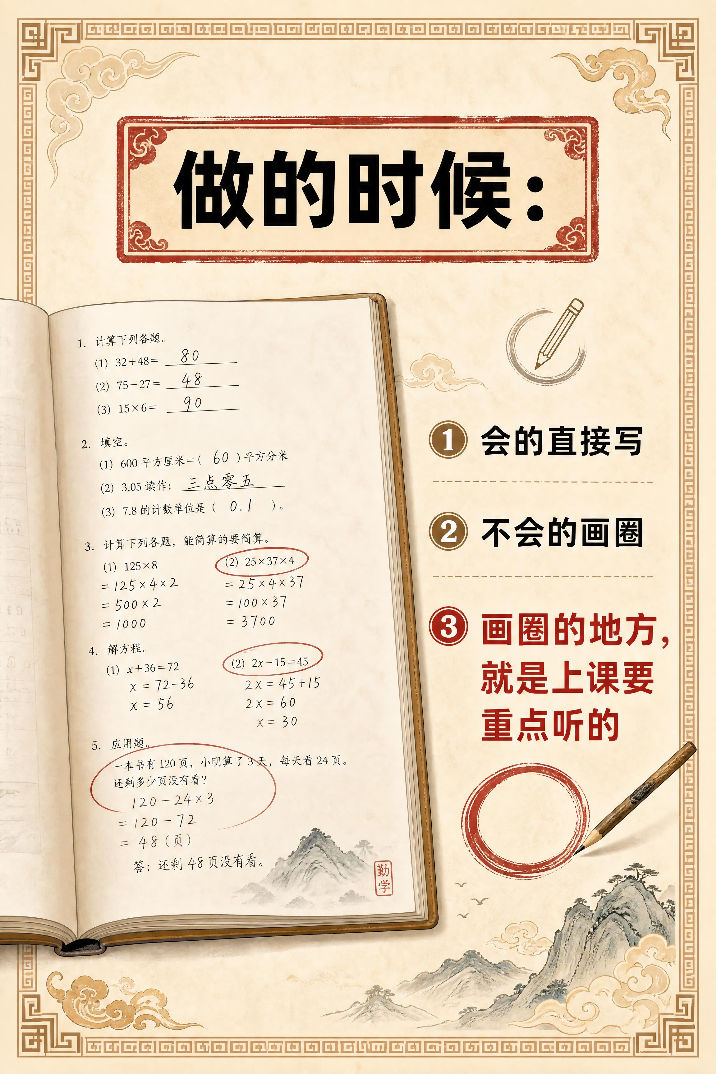 小红书笔记内页，习题做法说明，国风山海经风格，米黄色宣纸纹理背… - 图片创意预览