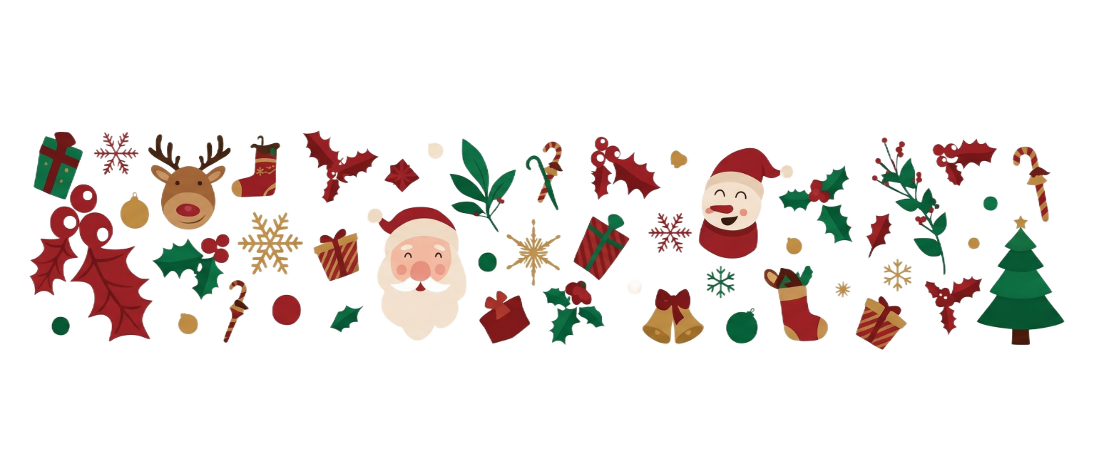 将第二张长条圣诞装饰图，修改为第一张图的扁平矢量插画风格，保持原横幅构图和所有元素布局不变，配色保持圣诞红绿金色系，变成简约干净的扁平化插画设计预览效果