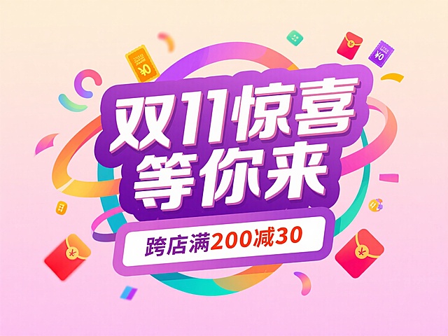 主标题“双11惊喜等你来” ，搭配 “跨店满 200 减 30” 紫色副标题框，点缀优惠券、红包等促销小元素，背景为粉色渐变，促销氛围