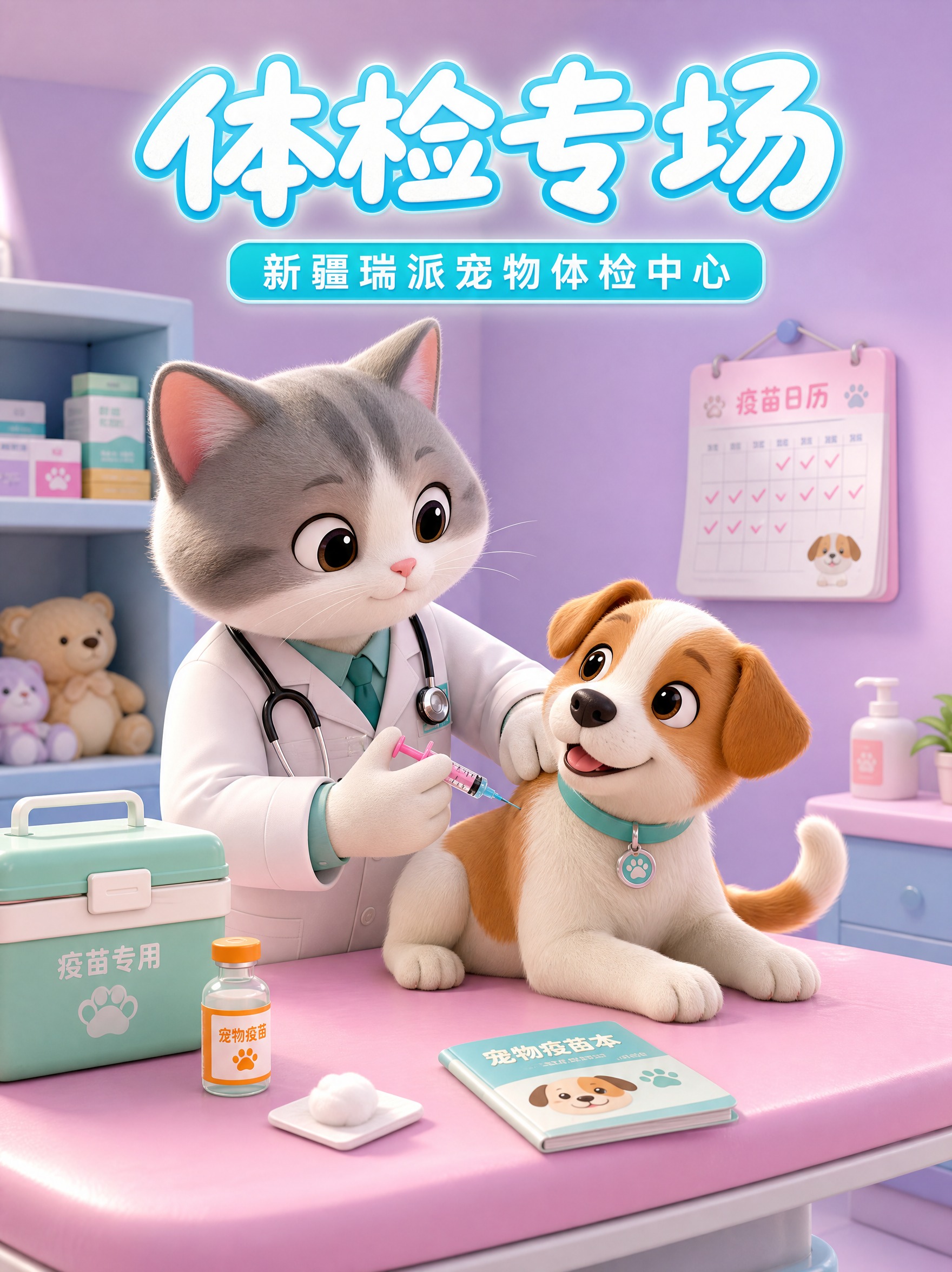 [主图-2] 猫咪医生为小狗温柔接种疫苗的场景图，体现免疫保健… - 图片创意预览
