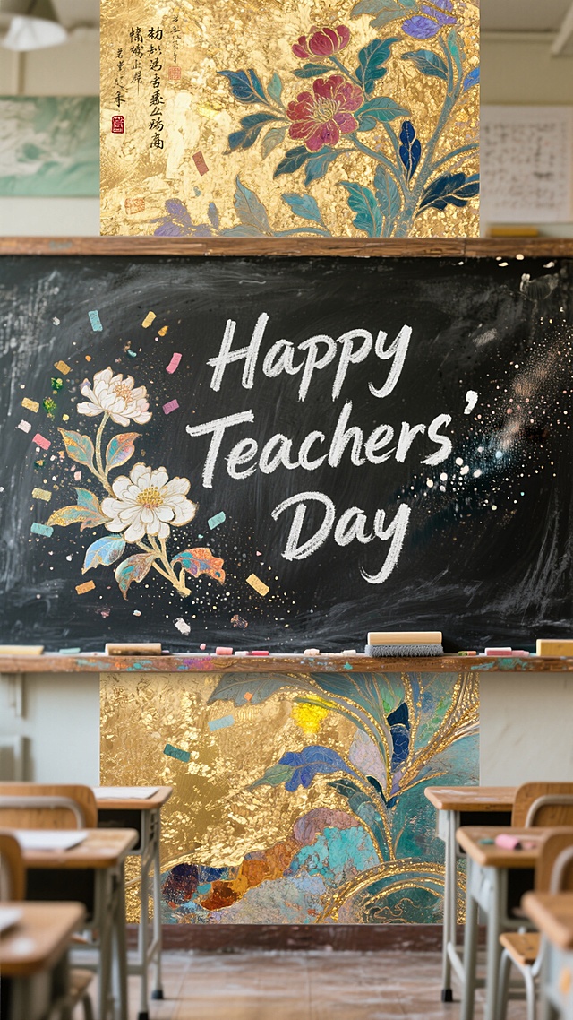 古典中式工笔风，鎏金质感，唯美感十足，文艺气息浓厚，教师节温馨祝福。