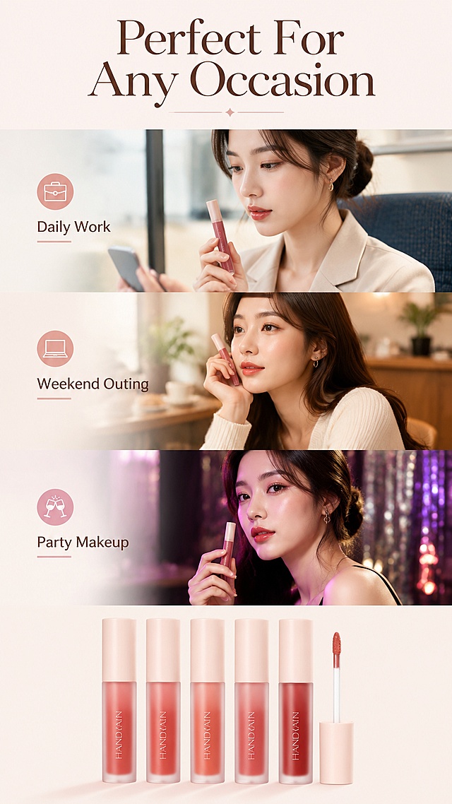 「图片1」，生成详情页，商品名称为Handaiyan Matte Satin Liquid Lip  200g Single | Waterproof Long Lasting Lip Gloss, High Pigment Lightweight Fade Resistant Lip Tint, Comfort For All Skin, Daily Work Party Occasion Makeup glaze「图片1」「图片1」「图片1」「图片1」「图片1」「图片1」「图片1」，适配其他跨境平台平台，单图比例为9:16，需求屏数为8张。