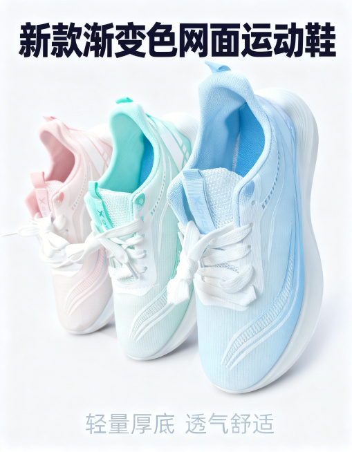 [商品详情图 1] 产品整体展示
[氛围风格] 简约清新商业风格
[画面元素] 商业摄影质感，光线柔和均匀，产品清晰真实，画面干净高级。三双不同颜色（粉色、薄荷绿、天空蓝）运动鞋并排展示，居中摆放，保预览效果