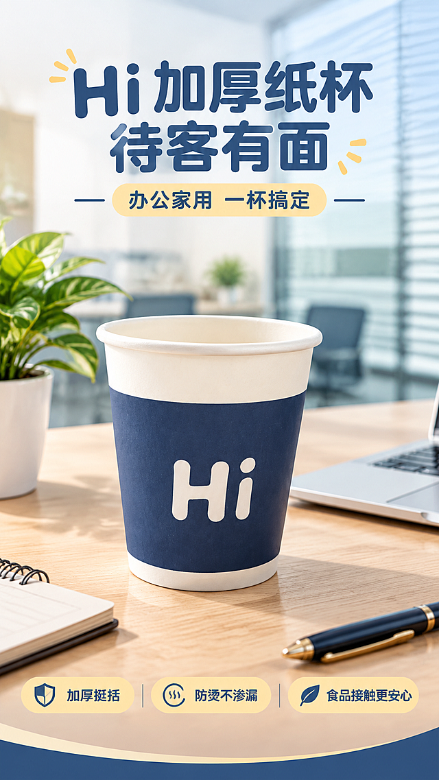 [商品] 使用【图1】藏蓝米白拼色一次性纸杯，杯身正面印有白色圆润"Hi"字母；保留纸杯整体结构、藏蓝色带、米白杯口杯底、Hi字母字体与颜色、纸质材质与卷边杯口；修复杯身轻微污渍与压痕，让纸壁纹理干净均匀，整体挺括有型，不改变外形比例和图案位置。
[画面] 目标为抖音竖屏详情页头图海报，突出产品全貌与办公待客场景氛围；上下构图，产品位于画面中下偏左，主体占画面约55%，纸杯直立放置于浅木色办公桌面，杯口微微朝右前方；前景桌面有笔记本、钢笔、小绿植点缀，中景为虚化的玻璃隔断与百叶窗办公环境，后景柔和虚化；阅读动线从上到下，顶部大标题区，中部产品主体，底部短卖点条。
[视觉] 套系策略：风格=简约清新商业摄影风，明亮干净办公居家质感；标题字=圆润黑体粗字；正文字=简洁无衬线黑体；主色=藏蓝色+米白色；背景延展=基于藏蓝与米白做深浅层级渐变、同色系柔和过渡，搭配浅木色桌面与浅灰办公环境；强调色=暖米黄，仅用于小面积图标、引线和标签底；标题色=藏蓝色；正文色=深炭灰；组件=圆角浅底信息卡、细线引线、胶囊标签；光影=左前侧柔和自然光，阴影自然柔和。
[文字] 顶部主标题"Hi 加厚纸杯 待客有面"，副标题"办公家用 一杯搞定"，底部横排3个短卖点胶囊："加厚挺括""防烫不渗漏""食品接触更安心"，文字全部横向排版，不遮挡杯身Hi字母和主体结构。
[规格] 图片比例9:16竖版，4K，负向提示：避免变形、错字、文字竖排、文字过小、杯身图案改变、颜色偏差、软塌变形、脏污瑕疵、冷蓝灰暗背景。
