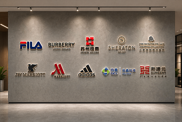 将提供的10个品牌logo放置在灰色艺术漆墙面上，5个logo一排共两排排列，所有logo呈现出立体效果，保留每个logo原本的颜色和设计细节，整体布局整齐
