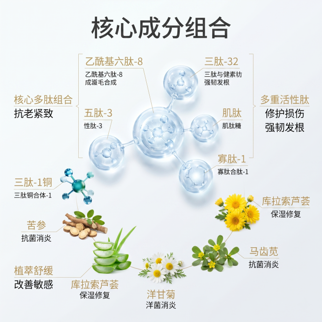[主图 2] 多肽成分解析主图。
[氛围风格] 专业成分科普风，科研硬核感
[画质] 高精度3D渲染，画面干净高级，文字清晰可辨，超高清
[元素] 画面居中展示五大核心多肽成分乙酰基六肽-8、五肽-3预览效果