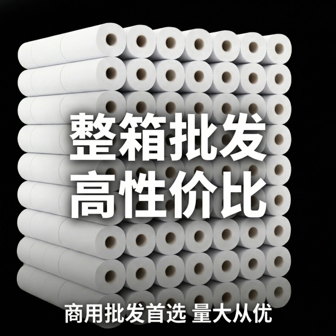 图5：整箱囤货促销展示。保持和主图1一致的高级简约风格，将大量卫生卷纸整齐平铺堆叠在画面中，营造量大实惠的囤货感，居中悬浮大号标题 "整箱批发 高性价比"，底部标注 "商用批发首选 量大从优"，突出整预览效果