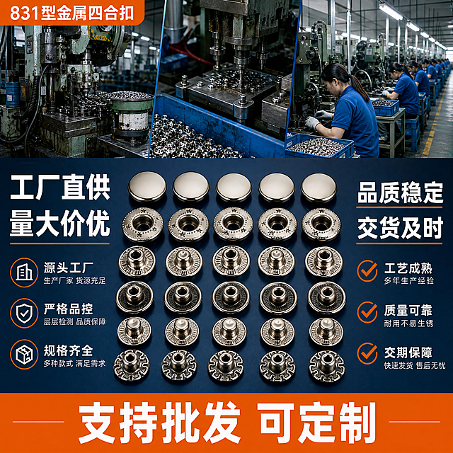 [主图-25] 831型金属四合扣 工厂直销实力图。
[统一基调] 淘宝五金配件风格 深蓝工业背景 主标题白色粗黑体 辅助说明浅灰细黑体 强调色橙色 整体工厂实力感。
[画面] 画面上方展示工厂车间流水线小图 机器生产金属扣的场景 下方放大展示成品四合扣多颗整齐排列 左侧文字 工厂直供 量大价优 右侧文字 品质稳定 交货及时 底部橙色条写 支持批发 可定制。
[光影质感] 工厂实拍与产品精修结合 工业感强 金属产品光亮整齐 背景车间有氛围感。
[配色] 背景深蓝色工业风 主标题白色 强调色橙色 产品金属色。
[文字版式] 左侧白色大标题 工厂直供 量大价优 右侧白色副标题 品质稳定 交货及时 底部橙色通栏 支持批发 可定制 字体统一粗黑体 工业感。
[输出要求] 1:1正方形 2048x2048 工厂氛围真实 文字清晰 负向 变形 错字 模糊 虚构认证