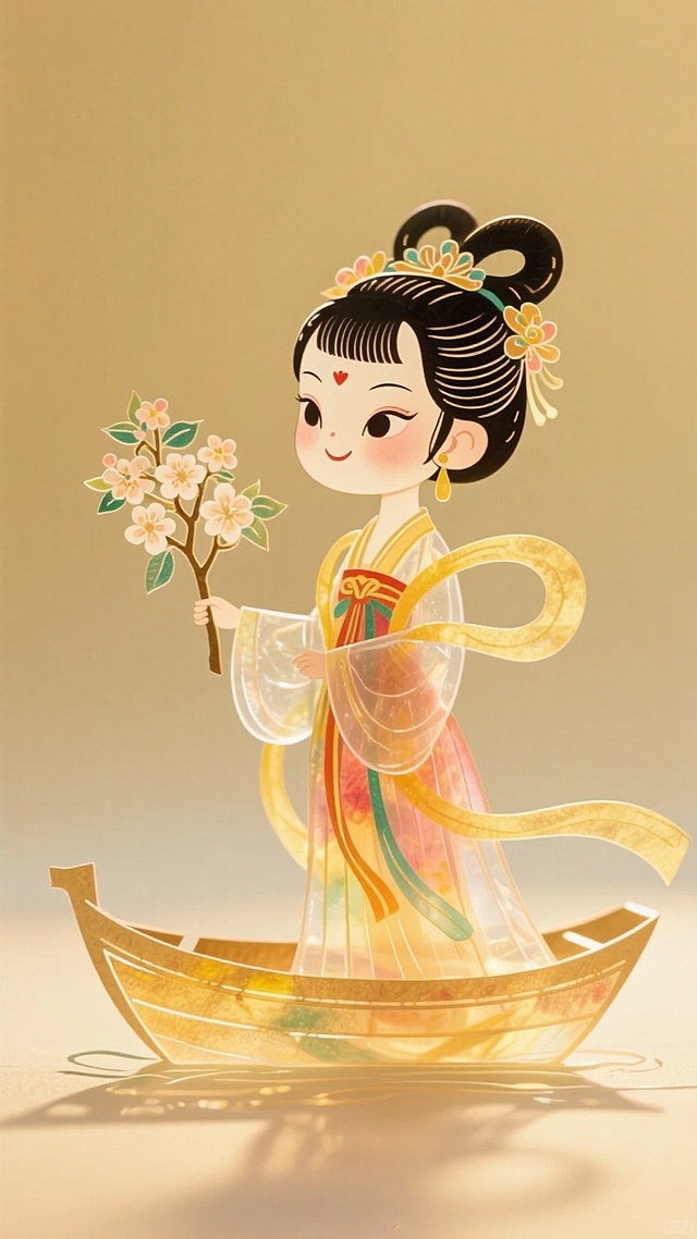 嫦娥装扮的迷你的Q版小女孩站在上面船上，手里拿着桂花，干净的浅黄色背景