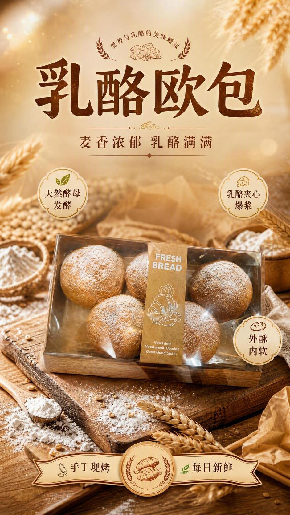 在这张乳酪欧包海报的基础上修改：整体版式、背景、文字、风格全部… - 图片创意预览