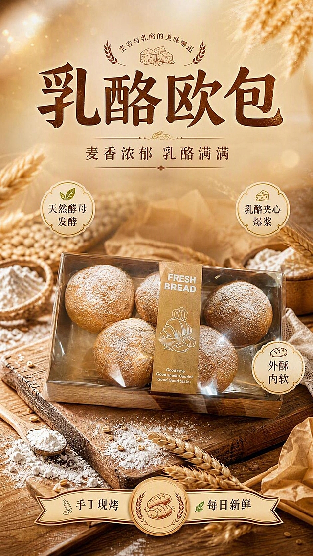 在这张乳酪欧包海报的基础上修改：整体版式、背景、文字、风格全部保持不变，只在产品中的每个面包表面添加白色乳粉/奶粉的效果。乳粉细腻地撒在金黄的面包表面，有自然的堆积感和散落感，部分乳粉轻轻飘落，真实自然，增加面包的质感和食欲感。产品包装和其他元素不变。