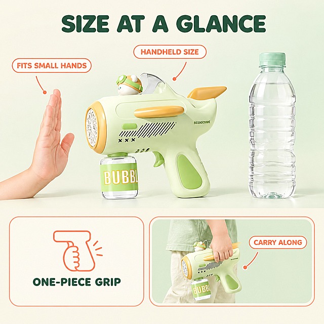 [主图-5 尺寸与实际大小] 商品名称：Mint Green Handheld Bubble Gun with Detachable Solution Bottle。唯一任务：用参照物对比建立真实尺寸认知，说明不含糊地知道它多大。统一基调：全套主色系为清新薄荷绿与暖奶油白，强调色为珊瑚橙；背景使用奶油白到浅薄荷绿的柔和渐变；标题为深墨绿粗体圆角无衬线，辅助文字同字体家族常规字重且字号比主标题小一半以上；组件为圆角白色卡片配细珊瑚橙描边，图标为珊瑚橙线性图标，不使用厚重色块通栏与装饰边框。画面：采用上下分区构图，上半部为产品 45° 侧面平视棚拍，产品完整居中占下半区主视觉；产品旁并排摆放两件尺度参照物——一只儿童手掌侧视轮廓与一个同高矿泉水瓶轮廓，并各配珊瑚橙引线标注，标注文字"HANDHELD SIZE"与"FITS SMALL HANDS"，不放任何虚构厘米或英寸数字；下半部用一枚圆角白卡放一枚珊瑚橙线性图标与短标签"ONE-PIECE GRIP"说明单手握把，再加一个圆角小窗展示孩子单手提行的稳定状态，小窗内标注"CARRY ALONG"；保持产品薄荷绿机身、橙色旋钮、透明瓶身绿色标签白字"BUBBL"的外观与比例一致。光影质感：干净影棚柔光加自然接触影，产品与参照物处于同一平面上，投影方向一致。配色：奶油白背景加产品本色，文字深墨绿、标注线珊瑚橙。文字版式：主标题 "SIZE AT A GLANCE" 置于上方负空间，标注横排、不遮挡产品。输出要求：1:1，文字与标注清晰；负向：变形、比例失真、悬浮、虚假数字、水印、中文、平台 Logo、装饰边框。