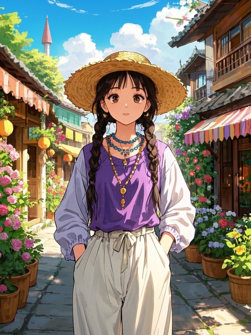 一位漂亮的少女站在开满鲜花的云南小镇街头，她戴着一顶平顶草帽，梳着麻花辫，紫色的棉麻材质上衣，白色的棉麻宽松束脚长裤，胸前带着一串精美的饰品。双手插在裤兜里，预览效果