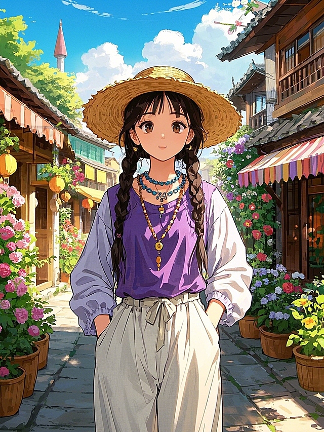 清新甜美动漫风，手账水彩描绘少女街景，色彩斑斓，充满夏日气息。