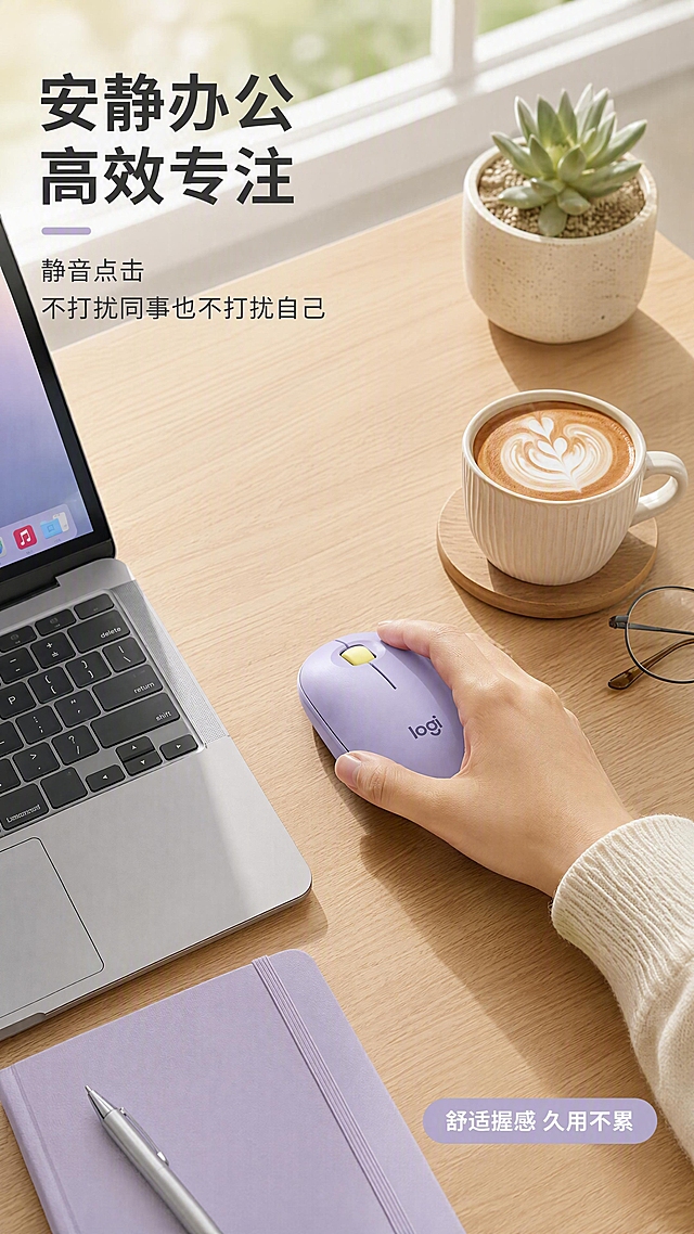 [第6张] 详情页办公场景展示-淡紫色logi蓝牙静音鼠标桌面使用场景。本张使用【图1】作为商品主体，保持鼠标外观一致。
[氛围/风格] 温馨清新办公场景，自然光感，生活方式感，商业摄影质感。
[元素布局] 鼠标置于浅色木质桌面右侧，一只手正在使用鼠标操作笔记本电脑；桌面上有淡紫色笔记本、一杯拿铁咖啡、一小盆多肉植物、眼镜等物品；背景为明亮的窗边，有柔和自然光洒入；鼠标颜色、结构与输入图完全一致。
[光影质感] 左侧自然光，柔和漫射，桌面物品有自然投影，温暖明亮。
[配色色系] 全局底色为自然场景色，主色调木色+淡紫+米白；辅助色绿色植物、咖啡棕。
[视角构图] 45°俯视桌面场景，鼠标和手部为视觉焦点，阅读动线从产品到场景。
[文字版式] 左上角标题区，主标题「安静办公 高效专注」，深灰粗体；副标题「静音点击 不打扰同事也不打扰自己」；右下角小标签「舒适握感 久用不累」；文字不遮挡手部和鼠标主体。
[比例分辨率] 9:16 竖版比例，4K 分辨率，文字清晰可辨，高清画质。
[负向提示词] 鼠标变形，颜色偏差，水印，文字错乱，产品图模糊，手部畸形。