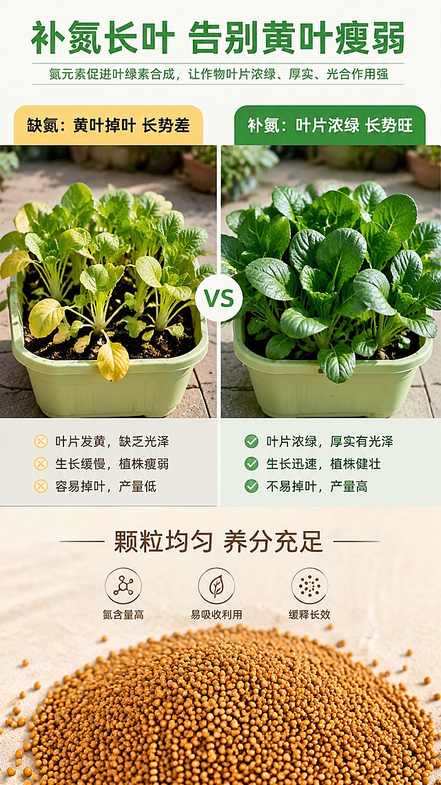[第3屏] 氮元素功效解析页，聚焦解决黄叶小苗瘦弱痛点。本屏使用【图2】展示肥料颗粒细节。
[氛围/风格] 效果对比展示，真实场景对比，清晰可信，清新自然风格。
[元素布局] 左右分栏对比：左侧展示使用前，黄叶小苗瘦弱长势差的蔬菜盆栽；右侧展示使用后，叶片浓绿油亮、长势旺盛的同款蔬菜。页面下方摆放肥料颗粒细节【图2】，占下方约25%区域。主体对比清晰，产品养分信息明确。
[光影质感] 均匀柔和自然光，两侧光线一致，保证对比公平可信。
[配色色系] 全局底色#F5F9F0；左侧偏黄枯叶色，右侧浓绿色，肥料棕黄色自然过渡。
[视角构图] 左右对称对比构图，视觉动线从上到下，突出对比差异。
[文字版式] 顶部标题「补氮长叶 告别黄叶瘦弱」，左侧标注「缺氮：黄叶掉叶 长势差」，右侧标注「补氮：叶片浓绿 长势旺」，下方标注「颗粒均匀 养分充足」，文字清晰，对比明确。
[比例分辨率] 9:16 竖版比例，2K分辨率，文字清晰可辨，高清画质。
[负向提示词] 对比光线不一致，文字错乱，遮挡主体，颜色失真，产品变形