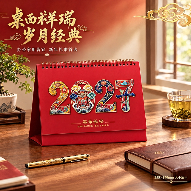 [主图-4] 使用场景展示，呈现台历在办公桌面的真实摆放效果与礼赠氛围。
[统一基调] 国潮非遗美学风格，背景主色为中国红渐变，标题字色为烫金，辅助字色为米白，强调色为金色描边；字体为大气书法体+宋体组合，卡片/边框采用祥云纹金边样式，整体传递高端礼赠、非遗传承的品质感。
[画面] 画面展示一个现代简约风格的办公桌面场景，深棕色木质桌面上，喜乐长安款珐琅台历放置在画面中央偏左位置，台历呈打开站立状态，正面2027数字珐琅工艺清晰可见，数字0中是宝瓶祥云造型，周围有花卉海浪纹样装饰。台历旁边摆放着一支金色钢笔、一本皮质笔记本和一杯清茶，桌面一角有小型绿植点缀。背景是浅米色墙面，有柔和的自然光从右侧窗户照入，营造温馨雅致的办公氛围。画面右上角有金色装饰性祥云纹样，左上角有场景标题文字。
[光影质感] 真实生活场景摄影质感，自然光柔和，台历珐琅部分有自然高光，木质桌面有纹理，整体光影温暖有氛围感，产品自然融入场景不突兀。
[配色] 场景主色调为暖棕、米白，台历中国红+珐琅彩，点缀金色文具，整体温暖雅致，红金主题突出。
[文字版式] 左上角主标题"桌面祥瑞 岁月经典"为烫金书法体；下方小字"办公家用皆宜 新年礼赠首选"为白色宋体；右下角"255×190mm 大小适中"为金色小字；文字放在画面边缘负空间，不遮挡场景主体。
[输出要求] 1:1正方形比例，2K分辨率，场景真实自然，产品清晰突出，文字清晰可读；负向：变形、错字、模糊、杂乱、水印、平台Logo、人物面部、过度装饰。