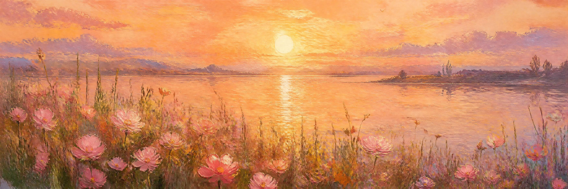 参考图片的莫奈油画风格，重新绘制日出湖面花卉风景，前景生长花草与粉色花朵，远方水面倒映落日光辉，暖橙色调，厚涂油画画法预览效果
