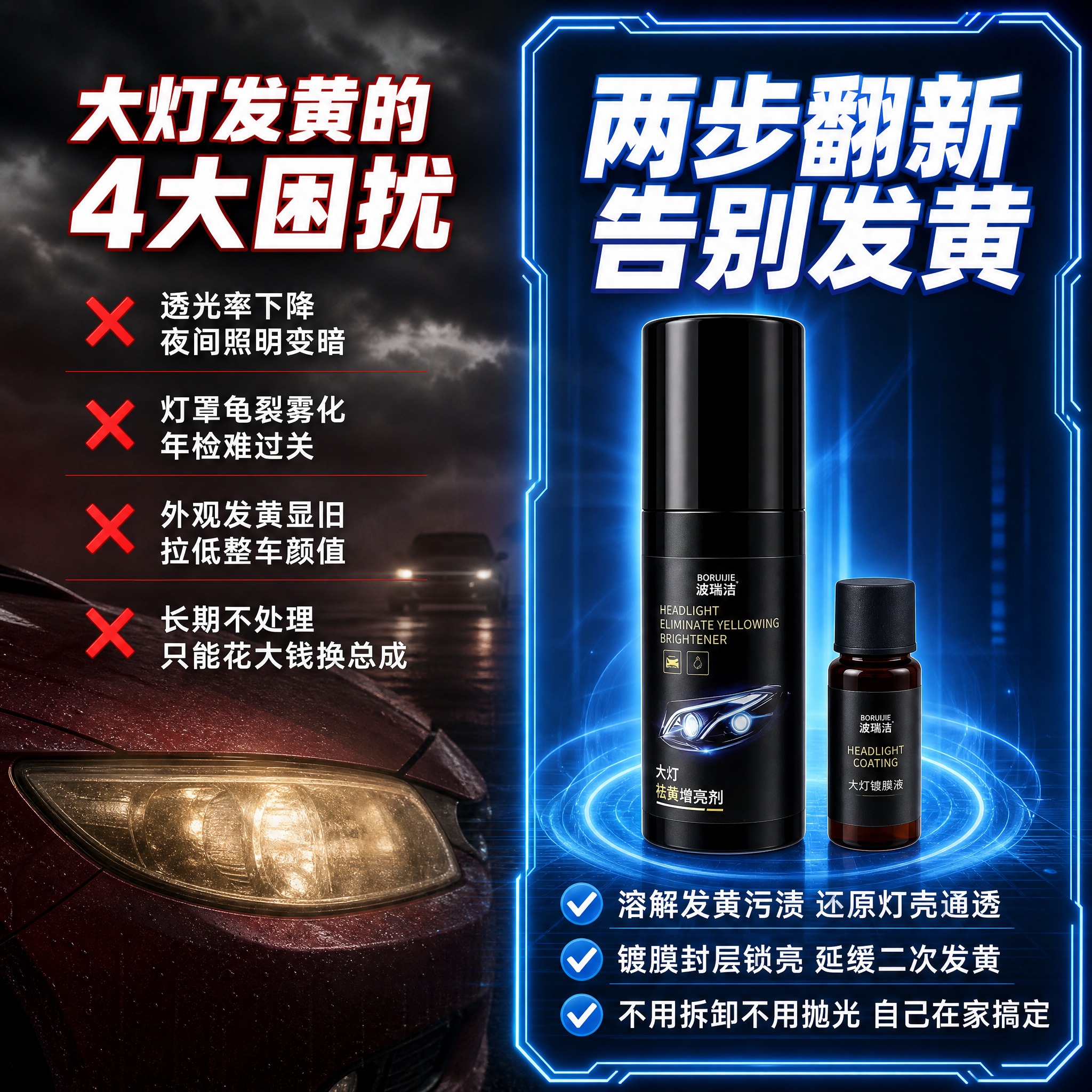 抖音电商详情图，画面左右对半分构图。左侧区域为暗调浅红色汽车背… - 图片创意预览