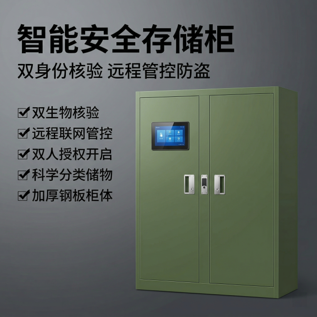 [主图主题] 智能安全存储柜产品主图
[氛围/风格] 专业工业风，稳重专业质感
[画面元素] 军绿色双开门智能安全存储柜居中展示，关闭柜门状态，正面清晰呈现嵌入式触控屏和双人双锁，产品完整不裁切，主体预览效果