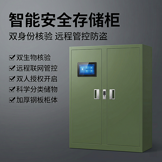 [主图主题] 智能安全存储柜产品主图
[氛围/风格] 专业工业风，稳重专业质感
[画面元素] 军绿色双开门智能安全存储柜居中展示，关闭柜门状态，正面清晰呈现嵌入式触控屏和双人双锁，产品完整不裁切，主体占画面60%，背景为简洁深灰色渐变，突出产品本身，干净专业，光影均匀硬光
[配色色系] 主色调：军绿色柜体，深灰色背景；辅助色：触控屏蓝色，银色锁具
[视角构图] 正面平视，景深适中
[文字版式] 主标题 "智能安全存储柜"，副标题 "双身份核验 远程管控防盗"，左上角主标题大号加粗黑色无衬线字体，副标题更小，下方标注五大核心优势 "✅双生物核验 ✅远程联网管控 ✅双人授权开启 ✅科学分类储物 ✅加厚钢板柜体"，竖向左对齐排列，文字悬浮于左侧灰色背景留白处，不遮挡产品主体，字色黑色，整体构图稳重平衡
[比例分辨率] 2k 分辨率