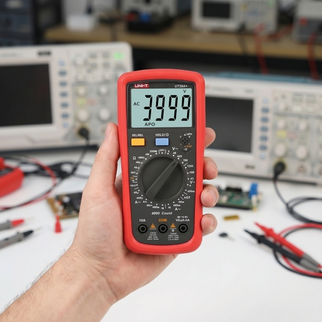 [主图 4] UT39A+ Digital Multimeter in handheld use scene. A Caucasian male engineer's hand holds the m预览效果
