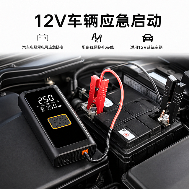 使用电商主图技能生成5张比例1:1的电商主图，适配平台为拼多多，商品为「图片1」「图片1」「图片1」「图片1」「图片1」「图片1」「图片1」「图片1」「图片1」「图片1」「图片1」，商品卖点为T-709汽车启动充气一体机，适用12V系统车辆，汽车电瓶应急启动，数字胎压显示，预设压力自动停止，多场景轮胎补气，LED照明，SOS应急提示，请根据我上传的T-709真实产品图，生成一套1:1高清电商轮播图，共5张，要求整套风格统一、产品模型统一、排版高级简洁、文字清晰、适合电商平台展示。  【产品外观必须严格锁定】 必须严格使用我上传的T-709真实产品模型，不得重新设计产品，不得画成T-708或其他型号。必须保留以下外观特征： 1. 黑色修长长方形机身 2. 正面大面积高光黑色数显面板 3. 正面中下方为橙色方形描边按键区 4. 顶部有大面积散热孔结构 5. 顶部保留Type-C充电输入接口、LED灯、充气软管接口 6. 底部保留汽车搭电夹线接口 7. 整体轮廓硬朗、立体、略带机甲感  【绝对禁止】 1. 改变产品比例和结构 2. 把按键区画成T-708的圆形橙色按键 3. 增加不存在的灯光、圆孔、输出口、充电口、USB口 4. 增加手机充电、移动电源、充电宝相关功能或画面 5. 虚构电池容量、峰值电流、启动次数、充气速度、排量适配、柴油车适用等参数 6. 使用“官方正品、送、赠、全车型通用、行业最强”等违规或夸张文案  【整体风格要求】 1. 整套图风格统一，采用高级简洁的黑橙科技风 2. 背景干净，不要复杂科技线条，不要廉价模板感，不要太满太乱 3. 产品主体要清晰、立体、质感高级，有真实商业摄影感 4. 文案设计简洁有层级，不要堆满，不要俗气，不要底部整条廉价图标栏 5. 每张图只保留核心标题和少量卖点，整体显得高级、专业、耐看  【请输出5张不同内容的轮播图，分别为以下主题】  第1张：首图 标题：T-709 启动充气一体机 卖点：12V汽车应急启动 / 数字胎压显示 / 预设压力自动停止 要求：主机作为最大视觉主体，可搭配充气软管和搭电夹线辅助展示，整体突出产品定位与核心功能  第2张：充气功能图 标题：轮胎补气更省心 卖点：标称最大充气压力150 PSI / 数字胎压显示 / 预设压力自动停止 / 四种压力单位切换 要求：展示主机连接汽车轮胎补气的场景，屏幕数字应接近正常胎压，不要展示汽车胎压150 PSI  第3张：汽车应急启动图 标题：12V车辆应急启动 卖点：汽车电瓶亏电可应急搭电 / 配备红黑搭电夹线 / 适用12V系统车辆 要求：展示汽车引擎盖打开、红黑电瓶夹连接汽车电瓶的场景，突出底部搭电接口和应急启动功能  第4张：多场景功能图 标题：多场景都能用 卖点：汽车 / 摩托 / 自行车 / 球类适用 / LED照明 / SOS应急提示 要求：展示多场景适用性，并体现夜间照明和SOS应急功能，画面清晰有层级，不要杂乱  第5张：整套配置图 标题：整套配置 一目了然 卖点：主机 / 搭电夹线 / 充气软管 / Type-C充电线 / 4种气嘴 / 黑色收纳袋 要求：整齐展示整套随箱配置，配件清晰、真实、齐全，画面整洁有秩序  【重要补充】 1. 所有图片里的产品必须是同一个T-709模型 2. 所有配件必须与实物一致 3. 图片文字要少而精，避免土气排版 4. 如果无法准确完成5张不同主题，请优先保证产品结构正确与画面高级感