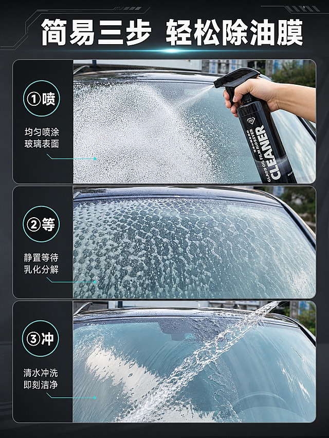 [商品] 使用【图1】黑色瓶身玻璃油膜去除剂；保留黑色瓶身、白色英文CLEANER大字、GLASS OIL FILM REMOVER字样、中文标签、黑色按压喷头、瓶身比例和材质。
[画面] 第4张三步操作演示页，目标是证明使用简单便捷。画面分三格纵向排列步骤示意图。第①格：均匀喷涂玻璃，一只手拿着黑色喷壶往汽车挡风玻璃喷洒泡沫药剂，玻璃上布满细密泡沫，手部动作真实自然。第②格：静置等待乳化，玻璃上药剂泡沫正在乳化溶解油膜，表面有渐变纹理变化，呈现油膜被分解的状态。第③格：清水冲洗即净，清水从玻璃上方冲下，泡沫被冲走，玻璃恢复透亮，水流有动态感。每格都有对应实操照片质感，户外洗车场景。
[视觉] 套系策略：风格=灰色机械风高清写实商业摄影；标题字=黑体粗字；正文字=简洁黑体；主色=深灰黑；背景延展=基于深灰黑做深浅层级、同色渐变和金属机械质感；强调色=科技蓝绿，仅用于喷雾高光、图标和引线；标题色=白色；正文色=浅灰色；组件=圆角标签、细线引线、编号胶囊；光影=左前侧明亮商业打光，高饱和度，干净通透。
[文字] 顶部大标题："简易三步 轻松除油膜"；每格左侧有圆形编号胶囊："①喷""②等""③冲"，右侧对应步骤说明文字："均匀喷涂玻璃表面""静置等待乳化分解""清水冲洗即刻洁净"。所有文字横排，清晰可读。
[规格] 图片比例3:4竖版，2K，避免变形、错字、文字过小、手部畸形、产品颜色改变、结构失真、水印、平台Logo。