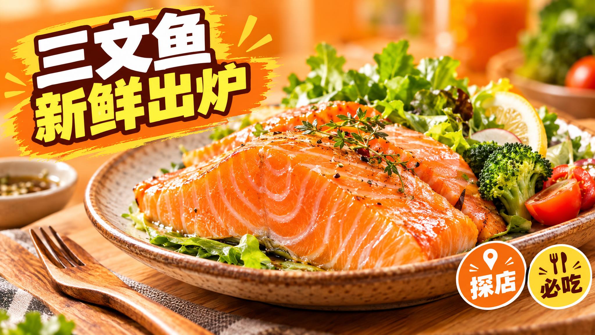 活力美食风格，暖橙色背景，画面中心是一盘色泽诱人的三文鱼，鱼肉… - 图片创意预览