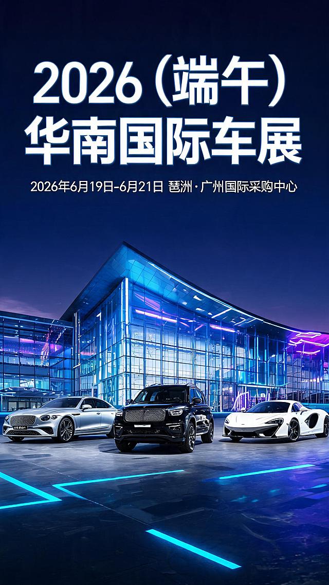 端午节华南国际车展宣传海报，现代科技风格，展示多辆全新豪华汽车，背景为广州琶洲展馆外景，设计高级感强视觉冲击力大，画面文字清晰排版：顶部醒目标题"2026（端午）华南国际车展"，下方标注活动信息"2026年6月19日-6月21日 琶洲·广州国际采购中心"